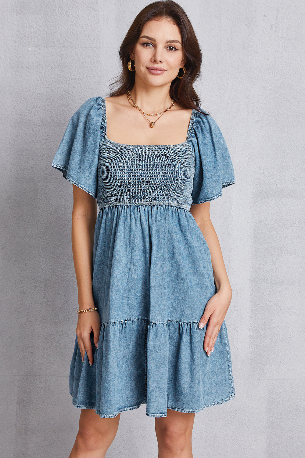 Women's Smocked Square Neck Mini Denim Dress