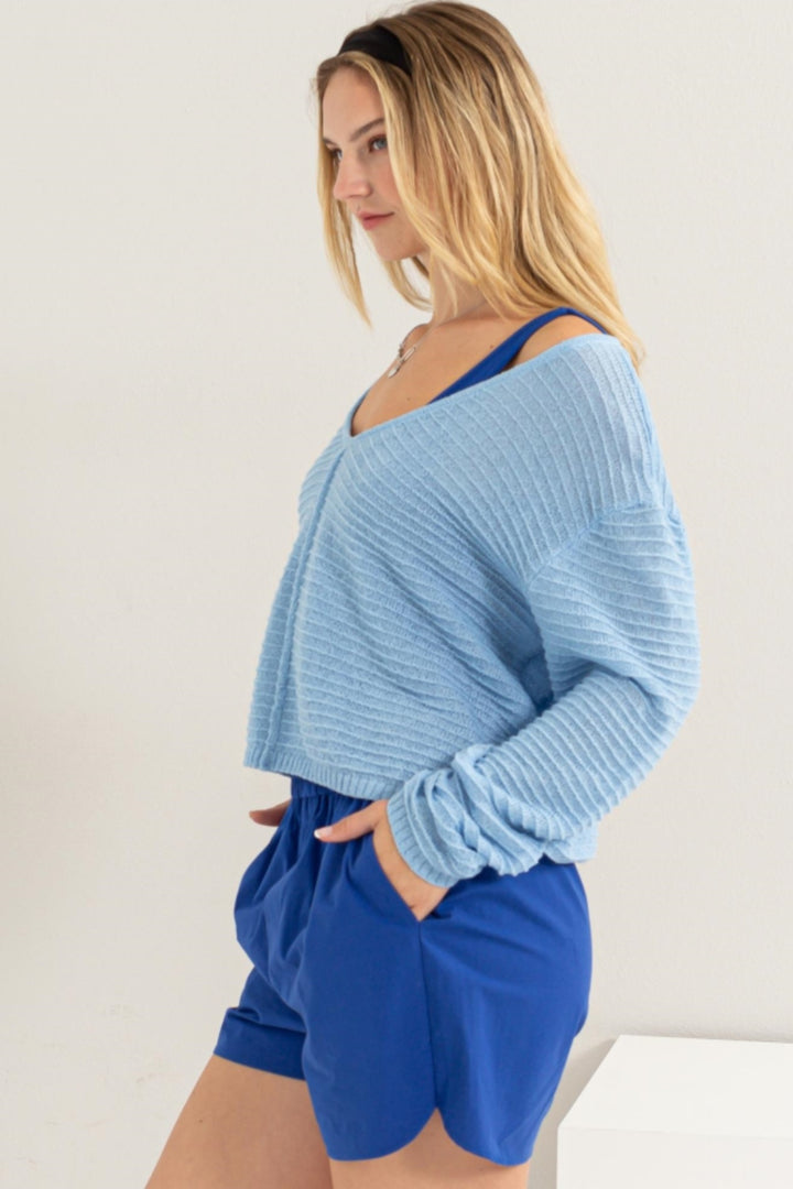 Women's V-Neck Striped Texture Long Sleeve Top