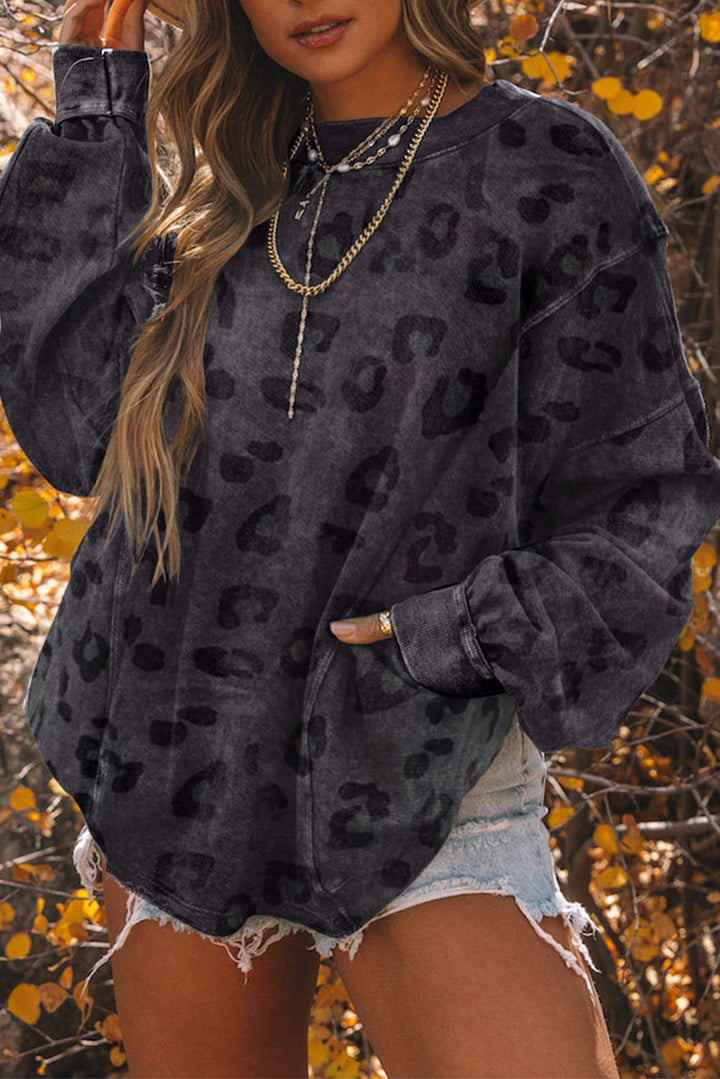 Women's Leopard Print Round Neck Dropped Shoulder Sweatshirt