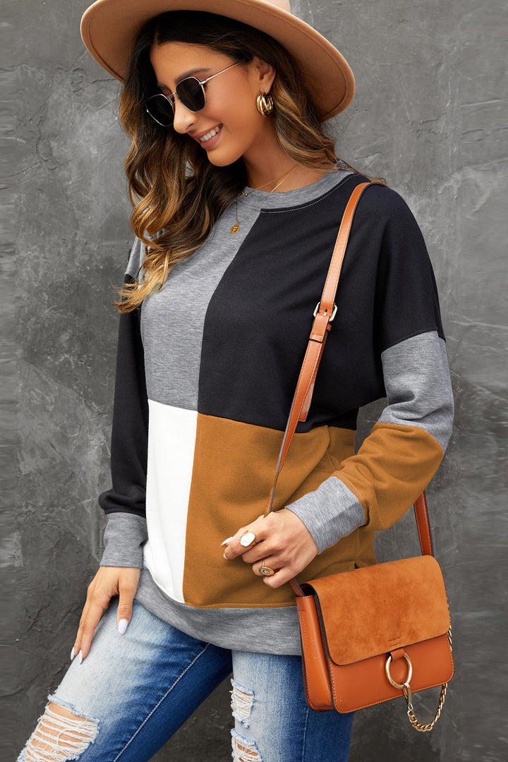 Women's Color Block Round Neck Sweatshirt