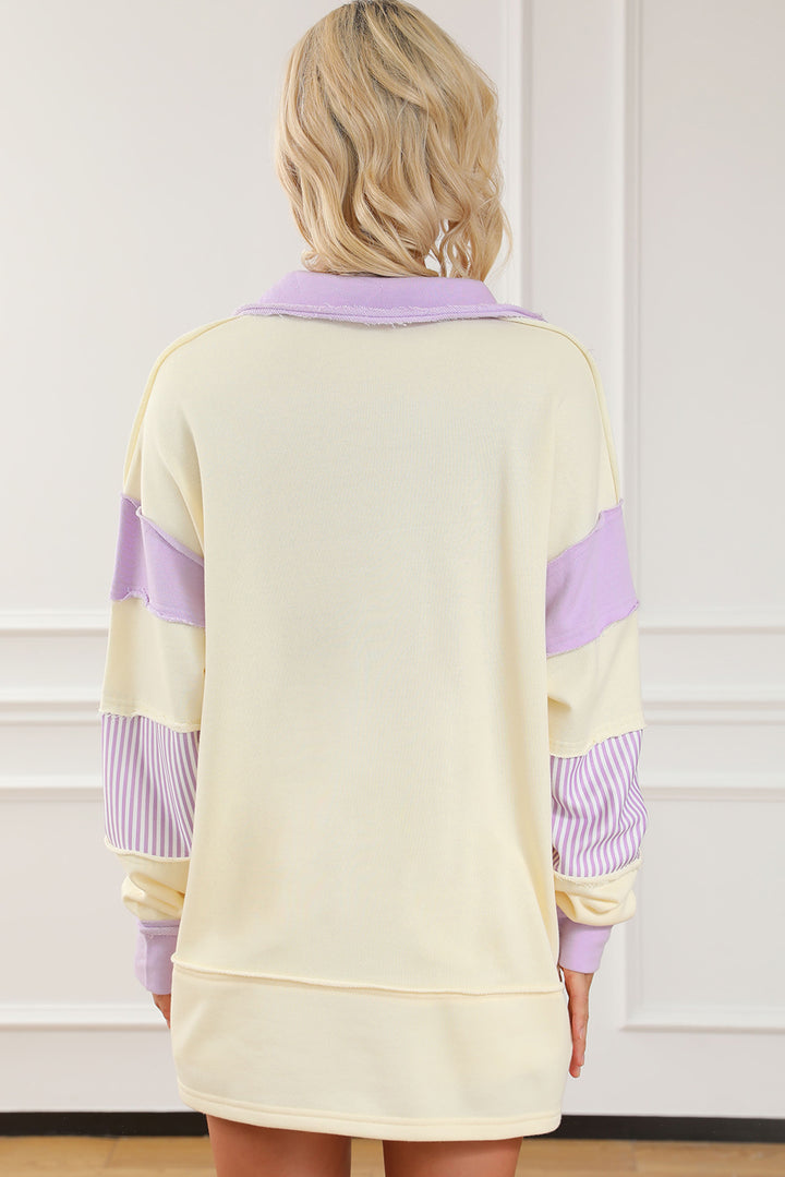 Women's Striped Dropped Shoulder Sweatshirt with Contrast Johnny Collar