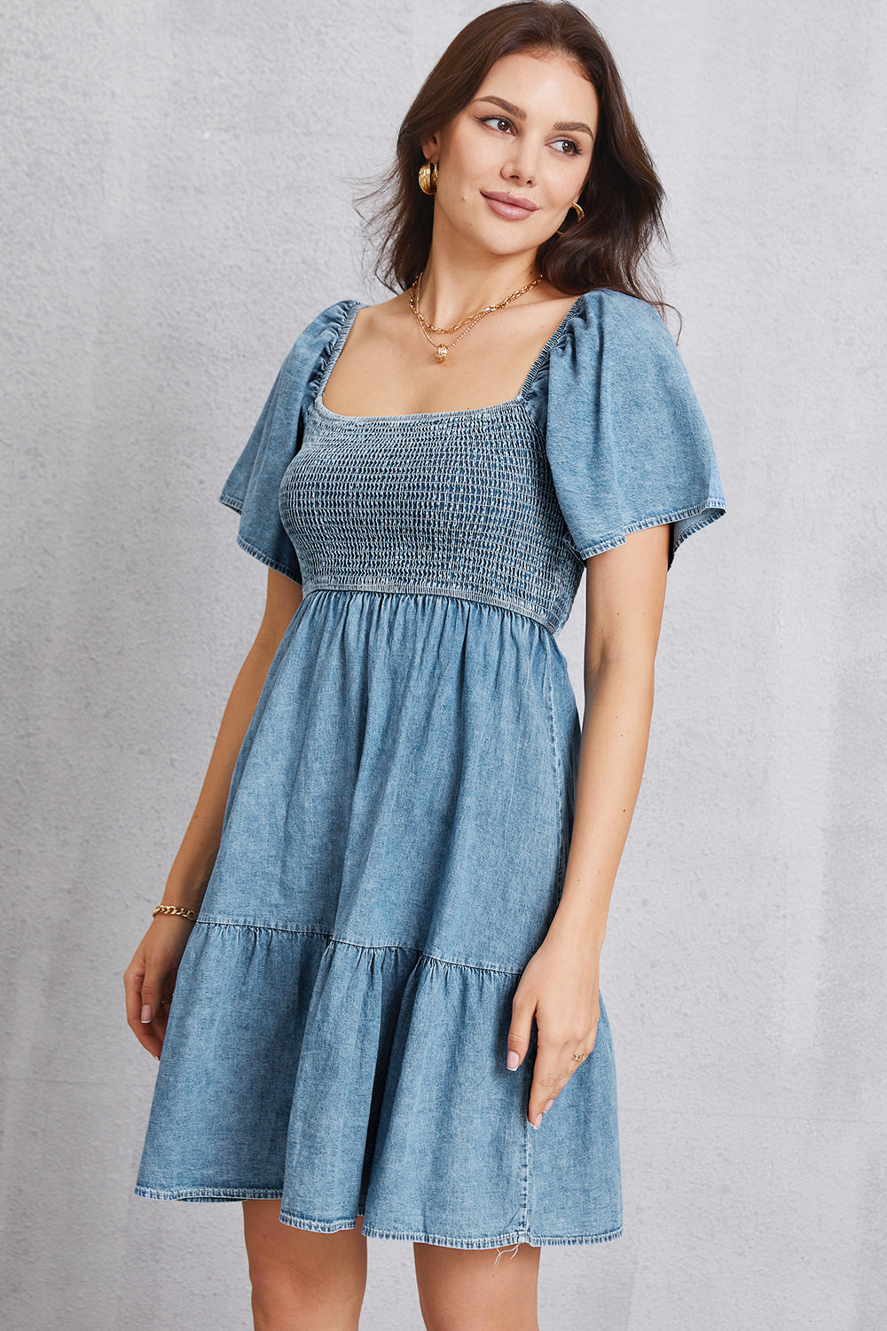 Women's Smocked Square Neck Mini Denim Dress