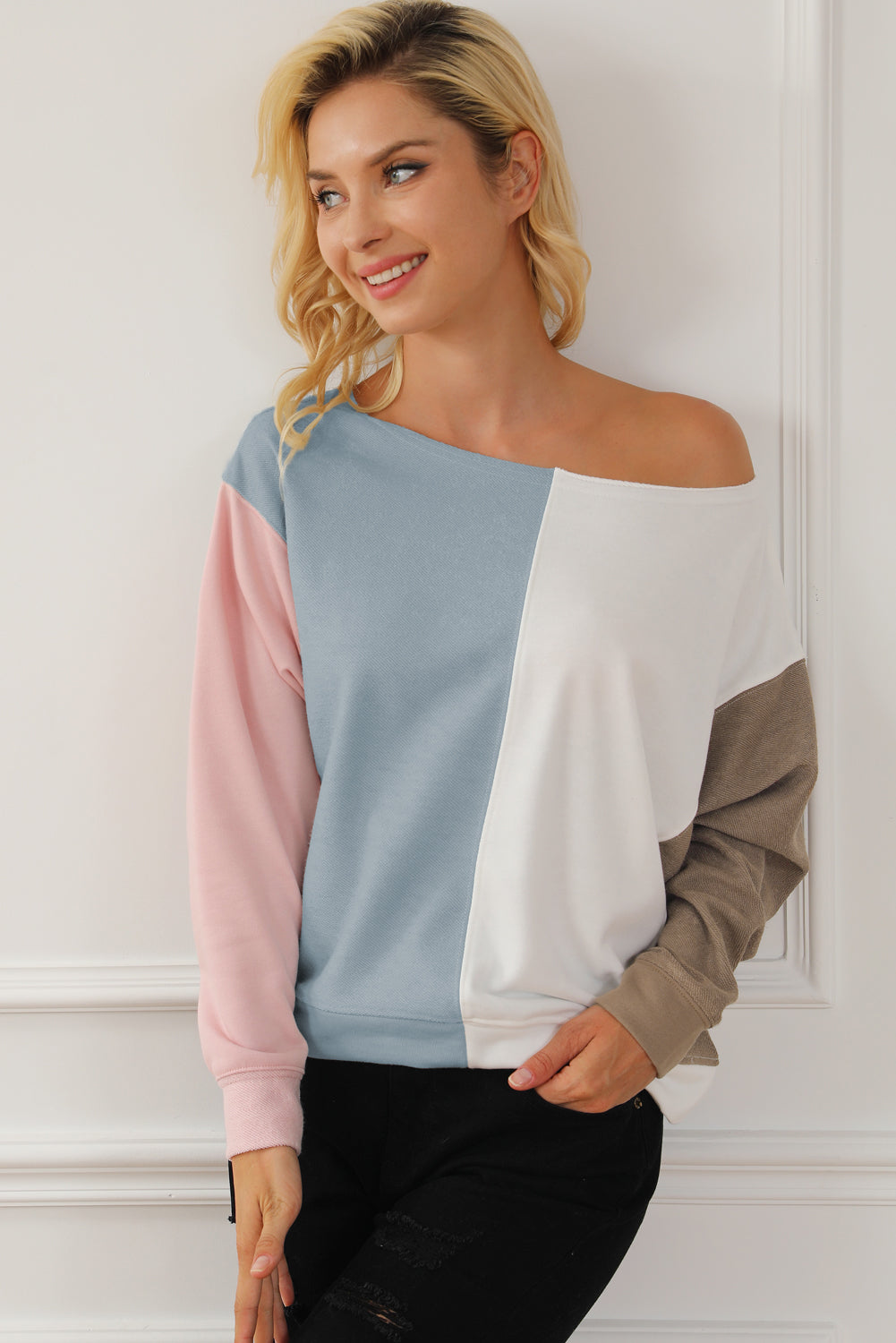 Women's Color Block Boat Neck Sweatshirt