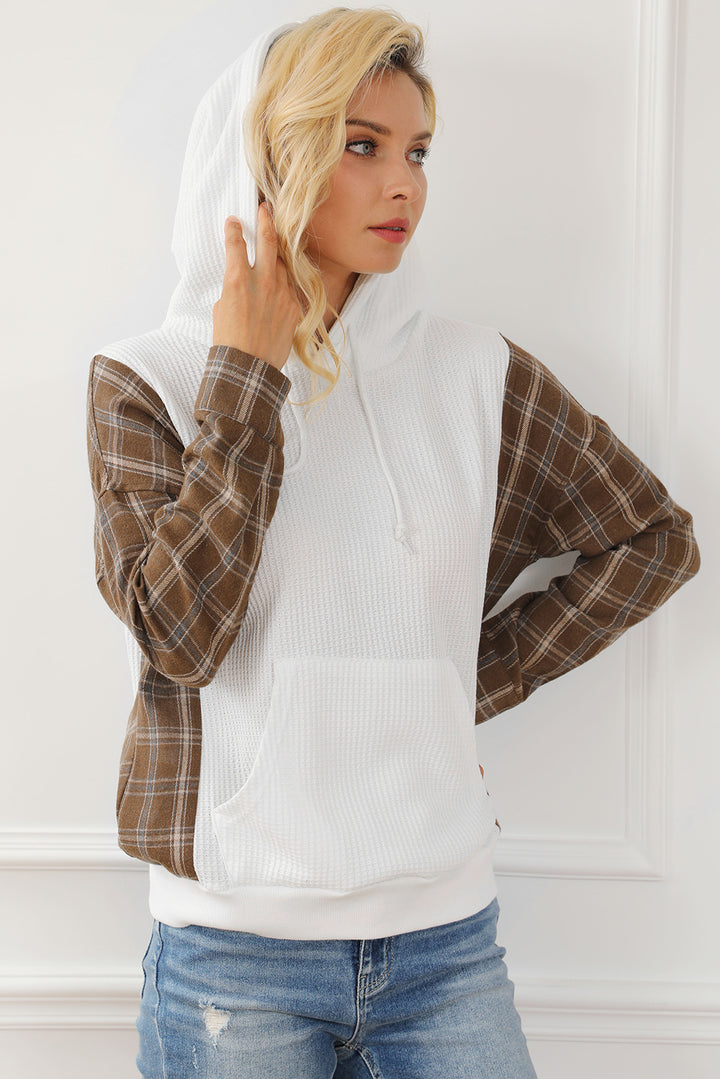 Women's Plaid Waffle-Knit Hoodie with Drawstring and Kangaroo Pocket