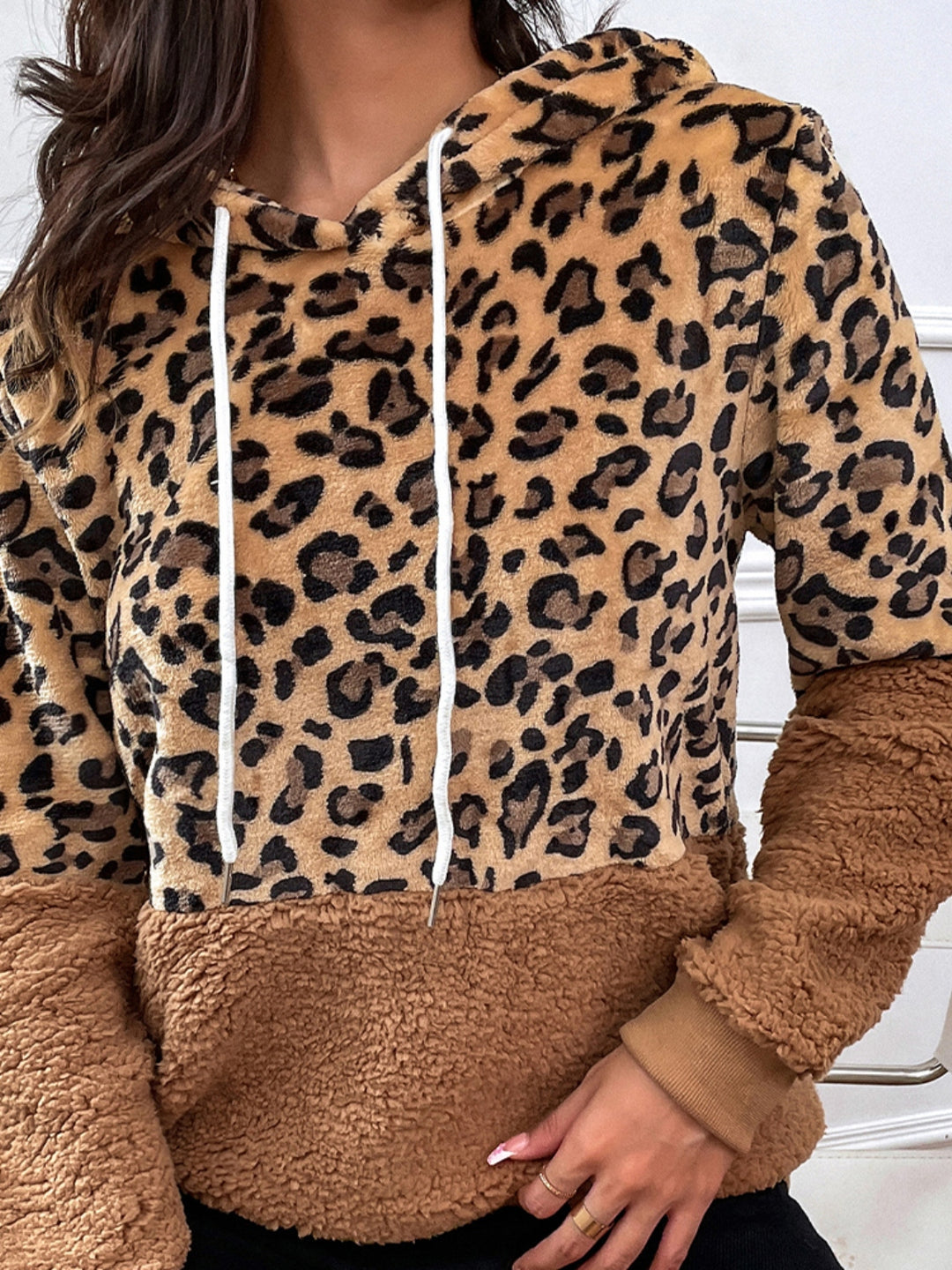 Women's Leopard Print Drawstring Long Sleeve Hoodie