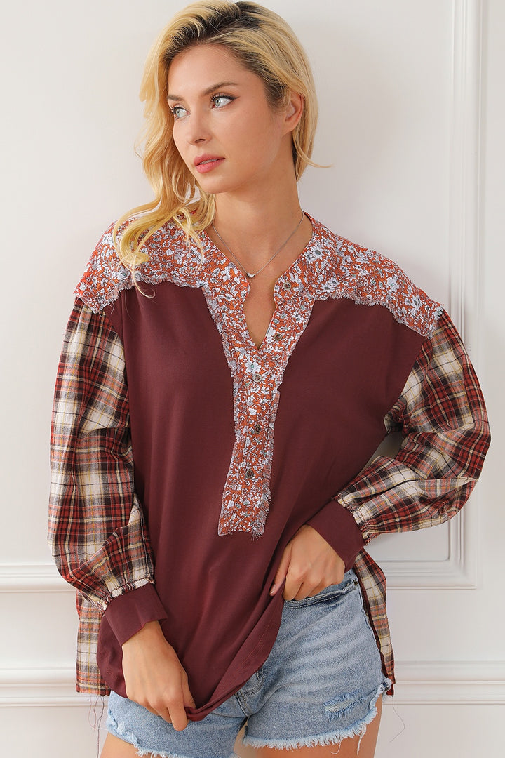 Women's Plaid Notched Neck Slit Blouse